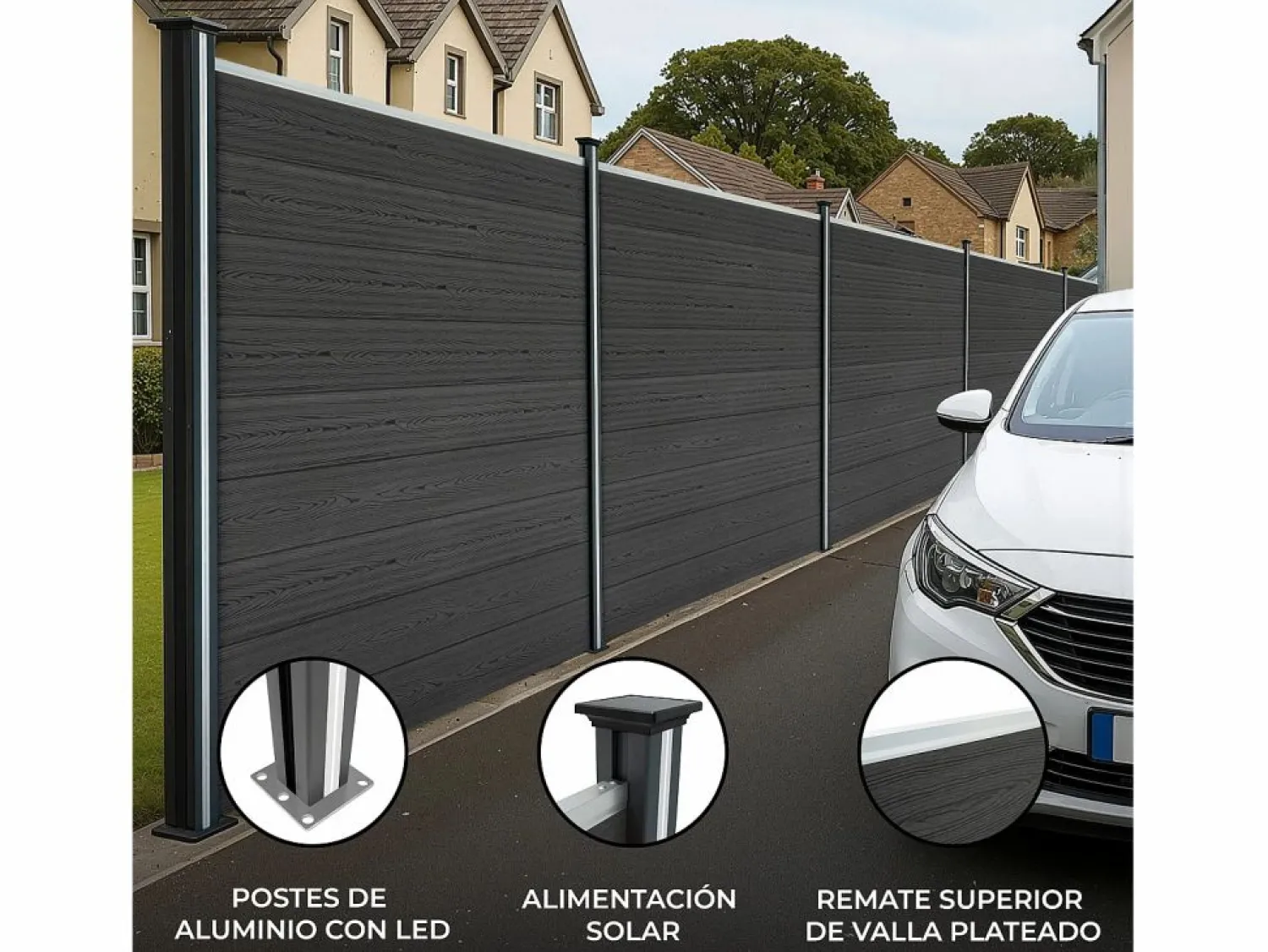 Monstershop Vallas para exteriores de WPC y Aluminio - 6x Paneles + 7 Postes |