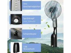 New Ventilador de pedestal 2 en 1 con nebulizador de 2,8 L, función de nebulización, de metal, 120 cm de altura, (44,5 x 44,5 x 120 cm) Negro