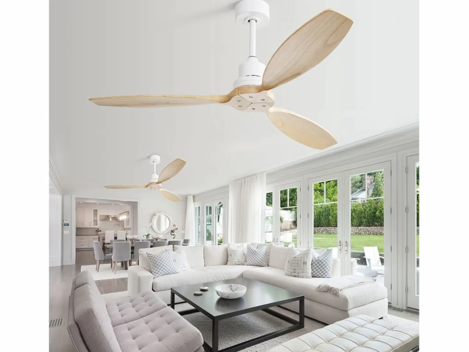 Sale Ventilador de techo 52" sin luz, aspas de madera, 6 velocidades, control remoto, para sala y patio, (132x132x34,5cm) Blanco