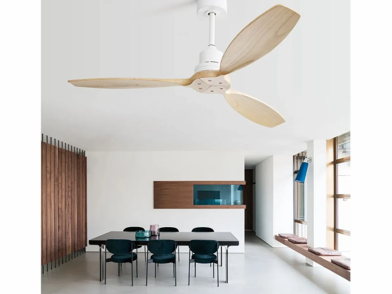 Sale Ventilador de techo 52" sin luz, aspas de madera, 6 velocidades, control remoto, para sala y patio, (132x132x34,5cm) Blanco