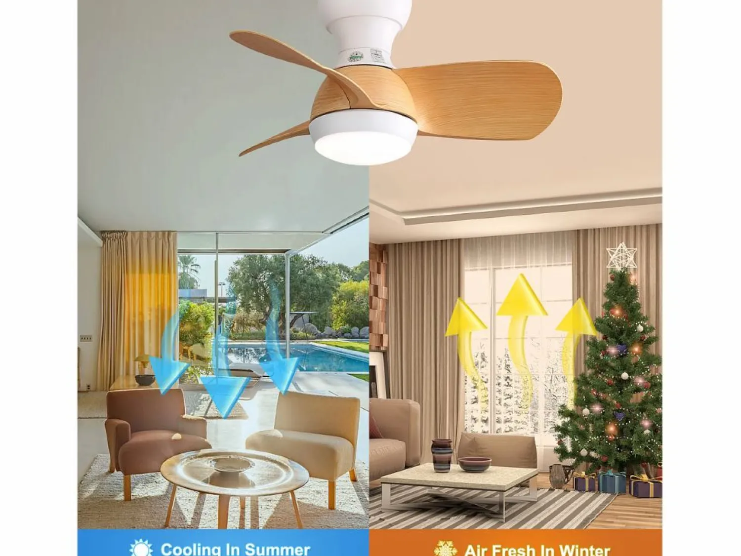 Clearance Ventilador de techo color madera con luces LED regulables y 3 aspas de ABS para dormitorios y salones. Aire Acondicionado, Ventilación