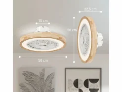 Hot Ventilador de techo con iluminación LED, 6 aspas reversibles, mando a distancia, modo RGB, 40W, madera natural (50x50x22,5cm) Aire Acondicionado, Ventilación