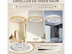 Hot Ventilador de techo con iluminación LED, 6 aspas reversibles, mando a distancia, modo RGB, 40W, madera natural (50x50x22,5cm) Aire Acondicionado, Ventilación