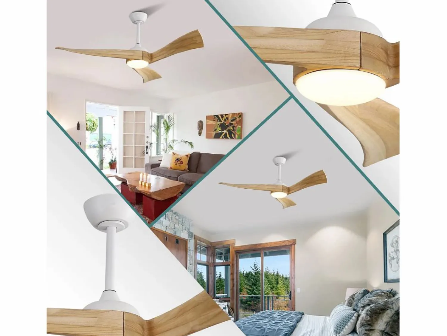 OKWISH Ventilador de techo de 52" con 6 velocidades y luz, 3 aspas de madera, para sala y oficina Color natural claro