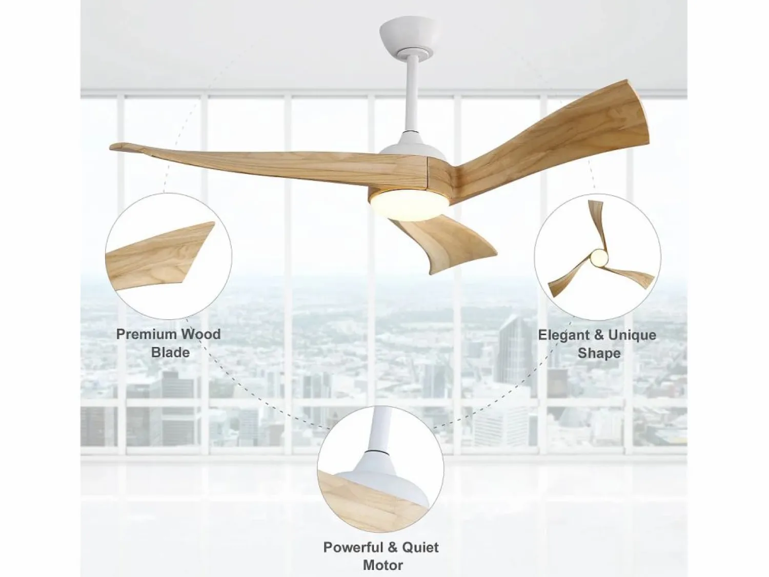 OKWISH Ventilador de techo de 52" con 6 velocidades y luz, 3 aspas de madera, para sala y oficina Color natural claro