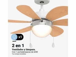 Best Ventilador de techo Geneva 6030W Universal Blue 50W 6 aspas reversibles /natural Ø76 cm Blanco