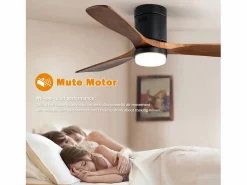 Ventilador de techo interior con luz, 3 palas de madera maciza, motor silencioso y reversible, mando a distancia, (132x132x30 cm)