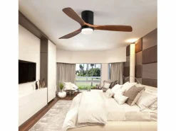 Ventilador de techo interior con luz, 3 palas de madera maciza, motor silencioso y reversible, mando a distancia, (132x132x30 cm)