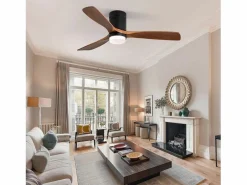 Ventilador de techo interior con luz, 3 palas de madera maciza, motor silencioso y reversible, mando a distancia, (132x132x30 cm)