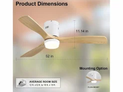 Ventilador de techo para salón - 3 aspas de madera - Blanco con luz y 6 velocidades - 132 cm Aire Acondicionado, Ventilación