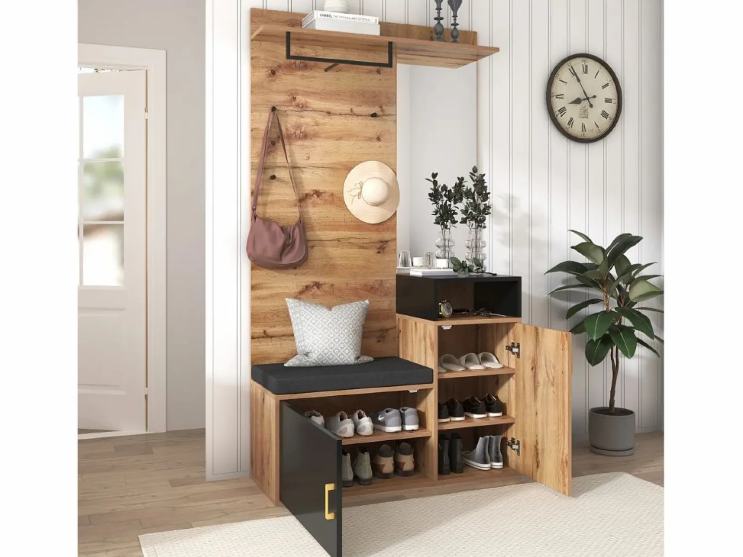 Hot ModernLuxe Vestíbulo con Espejo y Mueble para Zapatos - Natural y Negro - Espacioso y Elegante Color natural claro