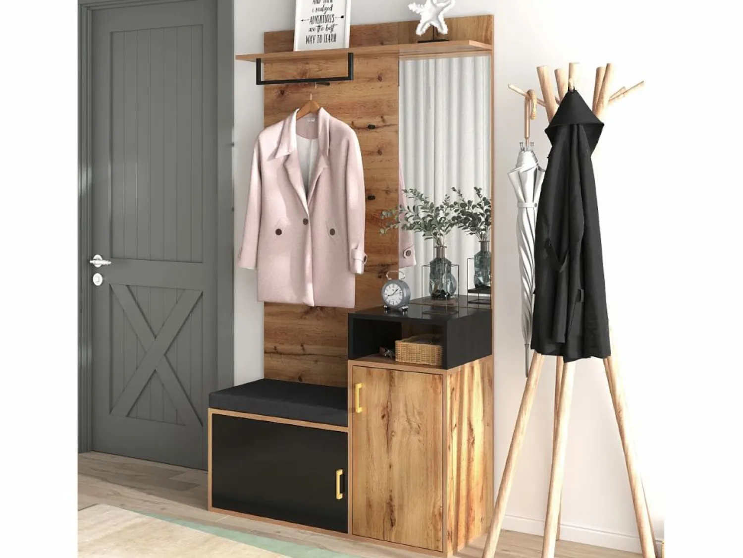 Hot ModernLuxe Vestíbulo con Espejo y Mueble para Zapatos - Natural y Negro - Espacioso y Elegante Color natural claro