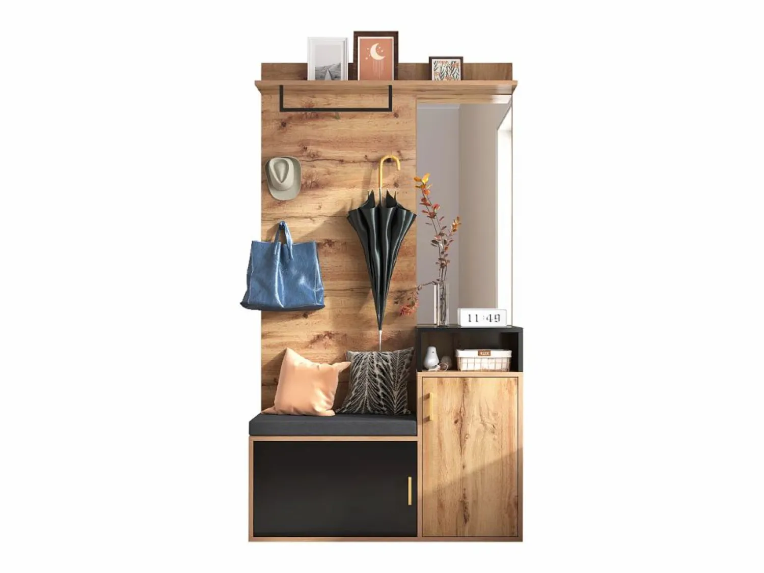 Hot ModernLuxe Vestíbulo con Espejo y Mueble para Zapatos - Natural y Negro - Espacioso y Elegante Color natural claro