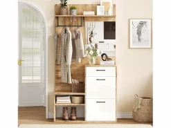 Clearance ModernLuxe Vestidor 100×38,5×190 cm - con espejo y zapatero - con 1 cajón y 2 compartimentos - blanco + natural Color natural claro