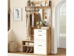 Clearance ModernLuxe Vestidor 100×38,5×190 cm - con espejo y zapatero - con 1 cajón y 2 compartimentos - blanco + natural Color natural claro