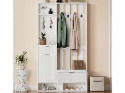 Vestidor 6 en 1 100×30×180 cm - con 8 ganchos y banco para zapatos - con 2 cajones y 1 puerta - con zapatero - Armario De Entrada