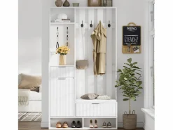 Vestidor 6 en 1 100×30×180 cm - con 8 ganchos y banco para zapatos - con 2 cajones y 1 puerta - con zapatero - Armario De Entrada