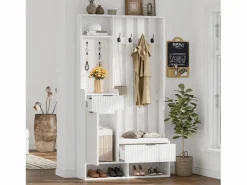 Vestidor 6 en 1 100×30×180 cm - con 8 ganchos y banco para zapatos - con 2 cajones y 1 puerta - con zapatero - Armario De Entrada