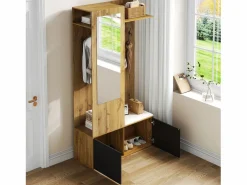 Best Vestidor con espejo - 100 x 38 x 191 cm - con zapatero + armario + 2 puertas + banco - MDF - natural Armario De Entrada