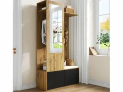 Best Vestidor con espejo - 100 x 38 x 191 cm - con zapatero + armario + 2 puertas + banco - MDF - natural Armario De Entrada