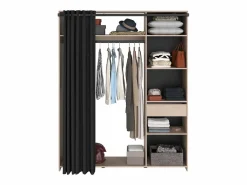 Outlet Vestidor Dark melamina 6 nichos barra colgar cortina 200x161x40 cm Negro / Color natural claro