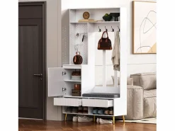Outlet ModernLuxe Vestidor de entrada moderno - con 4 ganchos, 1 puerta y 2 cajones - con banco y estantes abiertos - Blanco