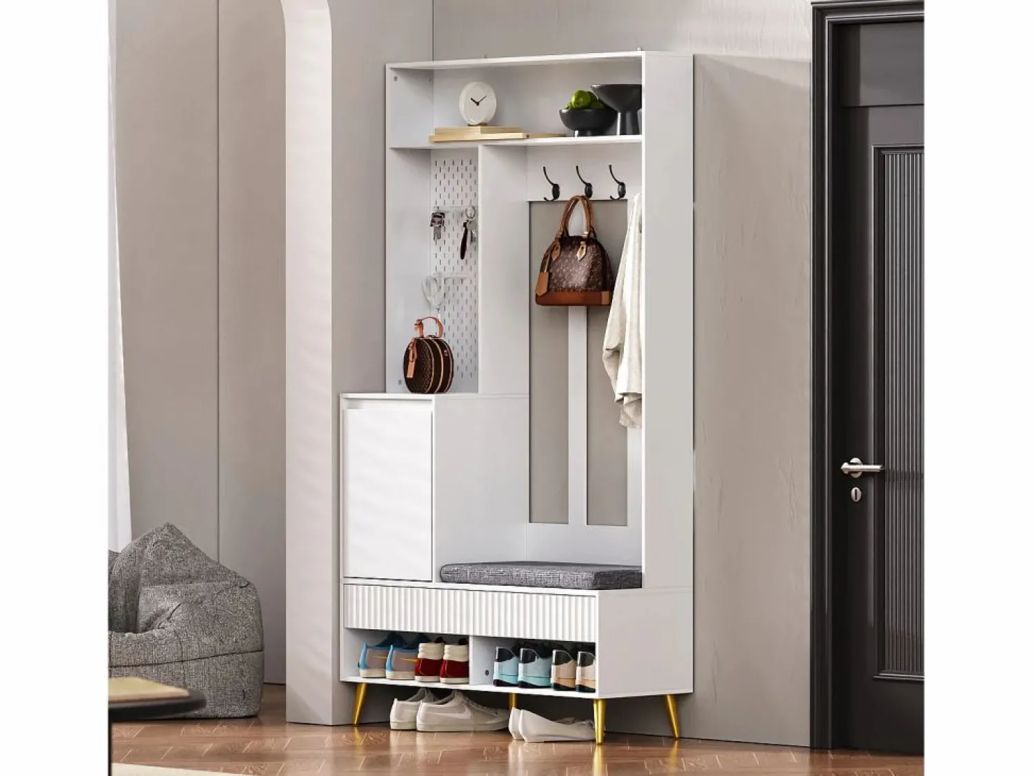 Outlet ModernLuxe Vestidor de entrada moderno - con 4 ganchos, 1 puerta y 2 cajones - con banco y estantes abiertos - Blanco
