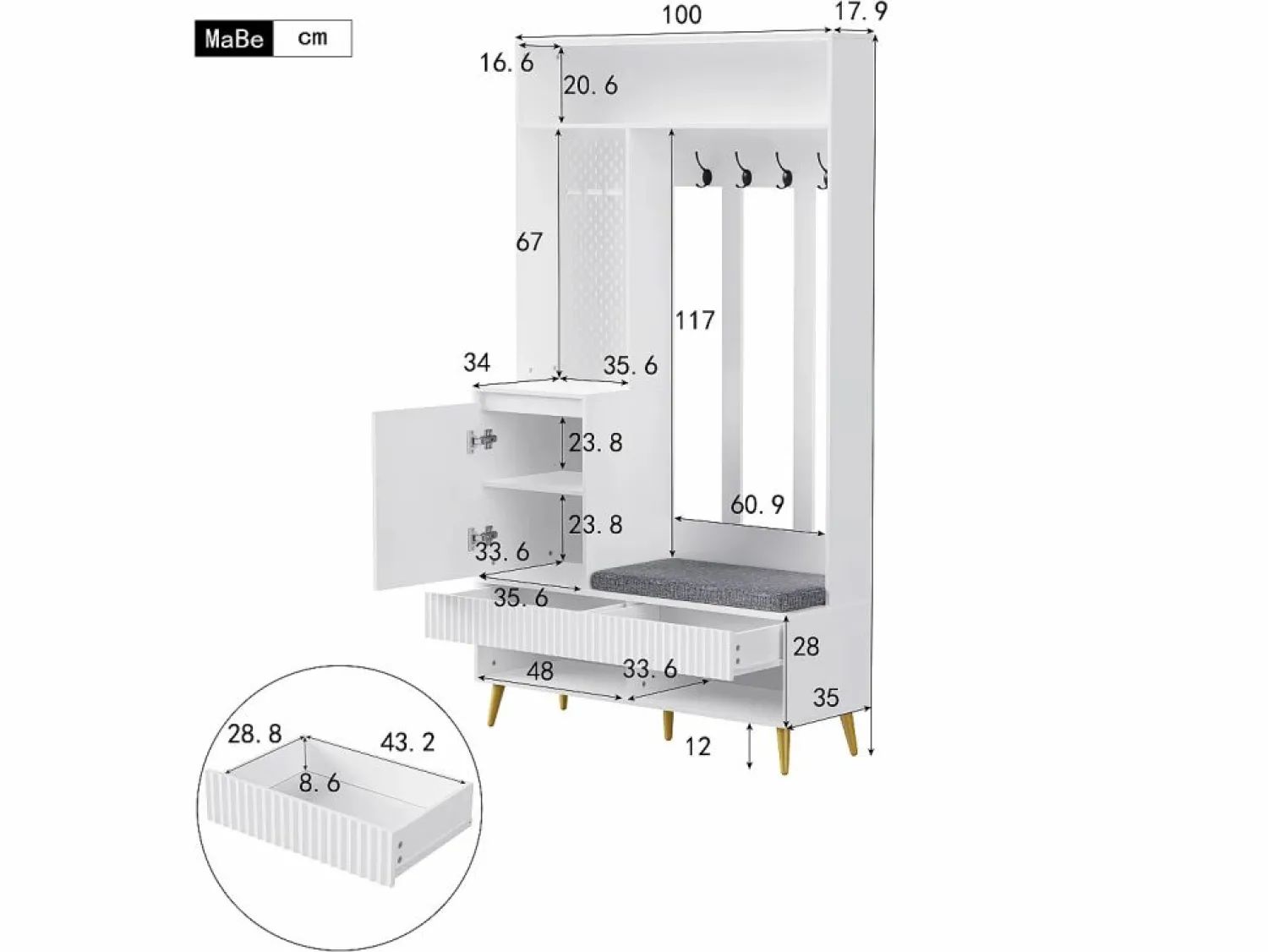 Outlet ModernLuxe Vestidor de entrada moderno - con 4 ganchos, 1 puerta y 2 cajones - con banco y estantes abiertos - Blanco