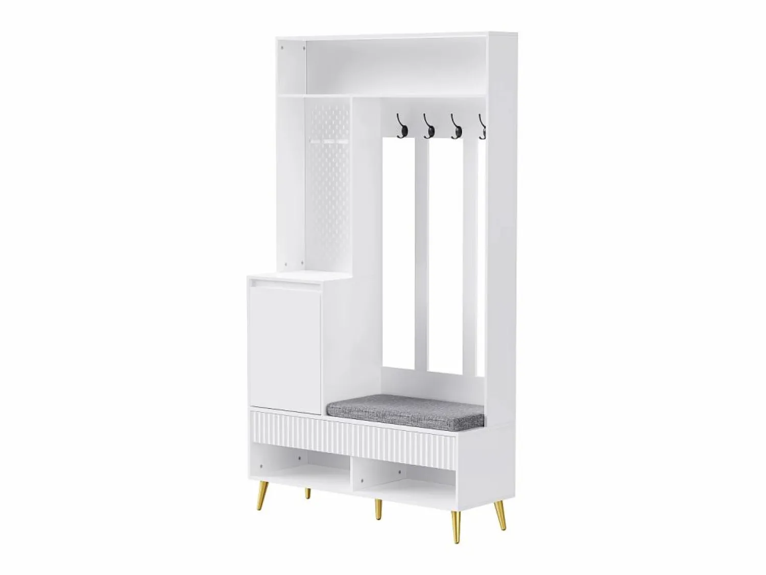 Outlet ModernLuxe Vestidor de entrada moderno - con 4 ganchos, 1 puerta y 2 cajones - con banco y estantes abiertos - Blanco