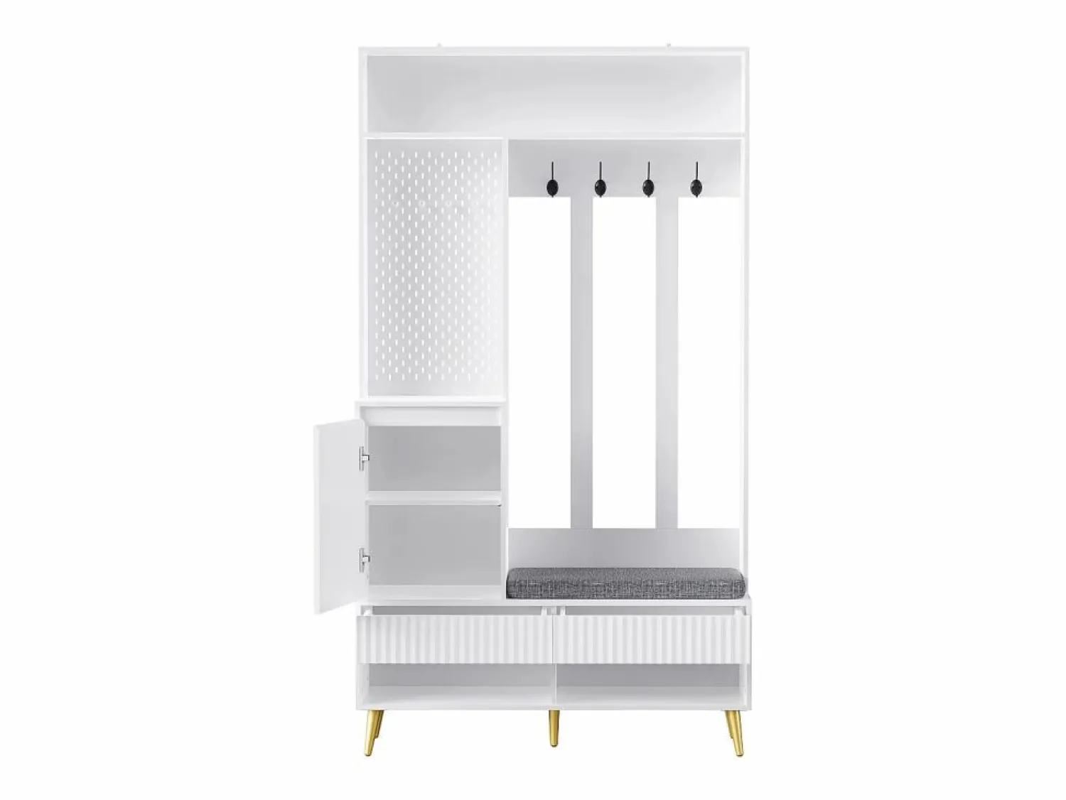 Outlet ModernLuxe Vestidor de entrada moderno - con 4 ganchos, 1 puerta y 2 cajones - con banco y estantes abiertos - Blanco