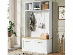 Online ModernLuxe Vestidor de entrada moderno 105x40x180cm - con 2 puertas - con mueble para zapatos y ganchos - estantes abiertos - + Natural Blanco