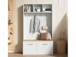 Online ModernLuxe Vestidor de entrada moderno 105x40x180cm - con 2 puertas - con mueble para zapatos y ganchos - estantes abiertos - + Natural Blanco