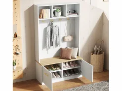 Online ModernLuxe Vestidor de entrada moderno 105x40x180cm - con 2 puertas - con mueble para zapatos y ganchos - estantes abiertos - + Natural Blanco