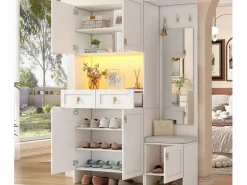 Discount Vestidor de entrada moderno 120x33.5x180cm - con LED y espejo - con banco de zapatos y mueble de zapatos - con 2 cajones y 5 puertas - Armario De Entrada