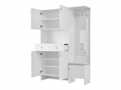 Discount Vestidor de entrada moderno 120x33.5x180cm - con LED y espejo - con banco de zapatos y mueble de zapatos - con 2 cajones y 5 puertas - Armario De Entrada