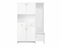 Discount Vestidor de entrada moderno 120x33.5x180cm - con LED y espejo - con banco de zapatos y mueble de zapatos - con 2 cajones y 5 puertas - Armario De Entrada