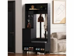 ModernLuxe Vestidor de entrada moderno - con 4 ganchos, 1 puerta y 2 cajones - con banco y estantes abiertos - Negr