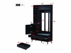 ModernLuxe Vestidor de entrada moderno - con 4 ganchos, 1 puerta y 2 cajones - con banco y estantes abiertos - Negr