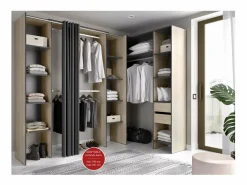 Vestidor de rincón Siles con cortina y cajones acabado natural/grafito, 205cm(alto) 234cm