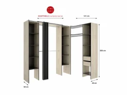 Vestidor de rincón Siles con cortina y cajones acabado natural/grafito, 205cm(alto) 234cm