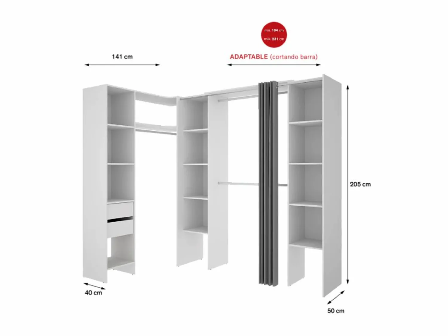 Online Vestidor de rincón Siles con cortina y cajones acabado , 205cm(alto) 234cm(ancho) 1 Blanco