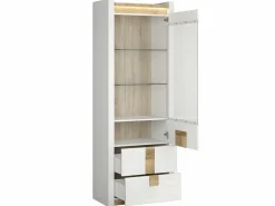 Best Vitrina 1 puerta 2 cajones con LED Helios Blanco lacado y Madera Vitrina