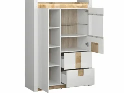 Clearance Vitrina 2 puertas 2 cajones con LED Helios Blanco lacado y Madera Vitrina Para Vajilla