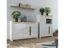 Clearance Vitrina 2 puertas 2 cajones con LED Helios Blanco lacado y Madera Vitrina Para Vajilla