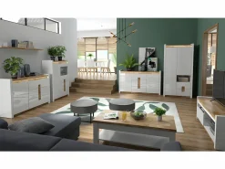Clearance Vitrina 2 puertas 2 cajones con LED Helios Blanco lacado y Madera Vitrina Para Vajilla