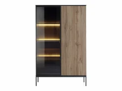 Clearance Vente-unique Vitrina 2 puertas y 1 cajón con luces LED en MDF y vidrio ahumado - Negro y Natural - OVILA Negro / Color natural oscuro