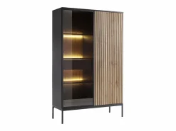 Clearance Vente-unique Vitrina 2 puertas y 1 cajón con luces LED en MDF y vidrio ahumado - Negro y Natural - OVILA Negro / Color natural oscuro