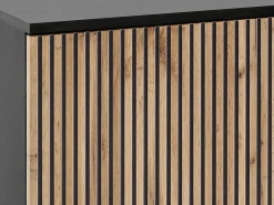 Clearance Vente-unique Vitrina 2 puertas y 1 cajón con luces LED en MDF y vidrio ahumado - Negro y Natural - OVILA Negro / Color natural oscuro