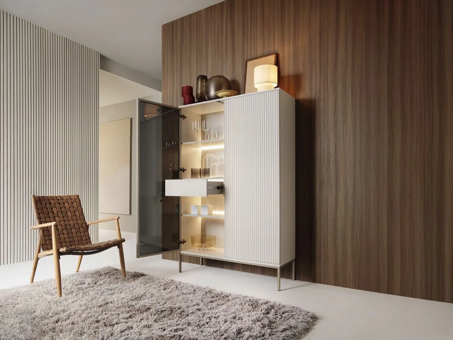 Vente-unique Vitrina 2 puertas y 1 cajón con LEDs de MDF y vidrio ahumado - y negro - OVILA