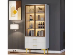 Vitrina blanca con 2 puertas de cristal marrón y 2 cajones, LED incluido - 70x35x150cm Vitrina